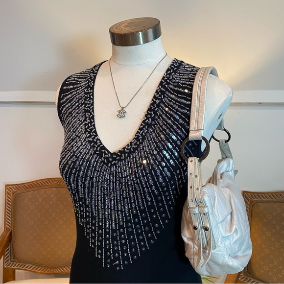 Vintage Cache Elegant Black Knit Sleeveless Top w Beaded Silver Sequin Accents - Picture 2 of 5